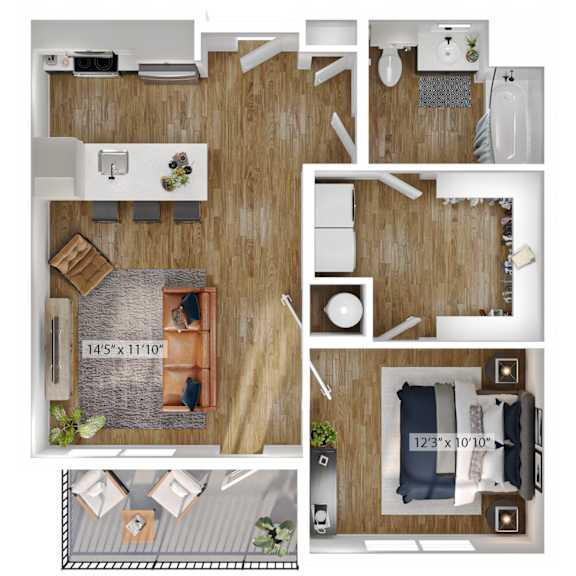 A series of images showing different layouts of a room with wooden flooring and furniture.