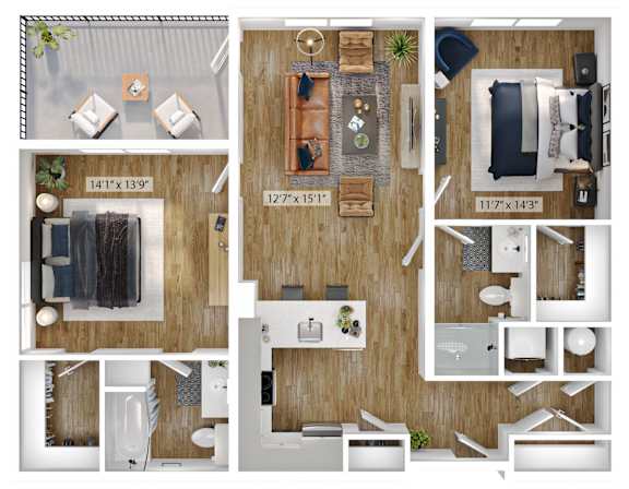 A floor plan of a small apartment with three bedrooms and a living room.