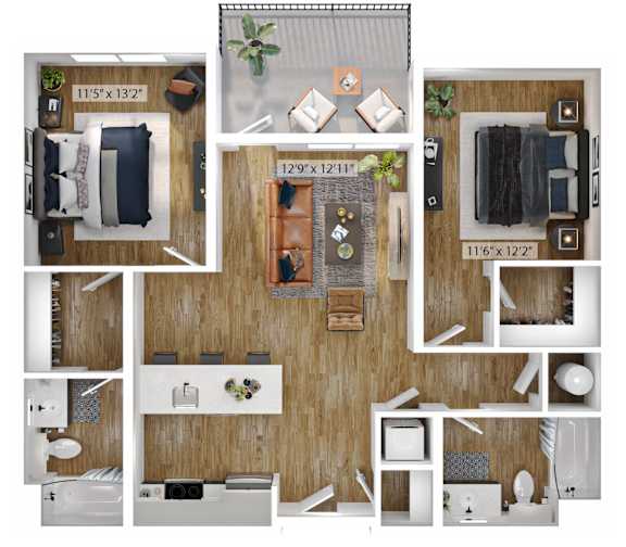 A floor plan of a small apartment with three bedrooms and a living room.