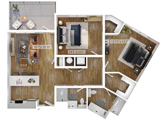 A floor plan of a small apartment with a kitchen, living room, and bathroom.
