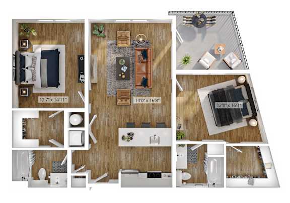 A floor plan of a house with a living room, kitchen, and two bedrooms.