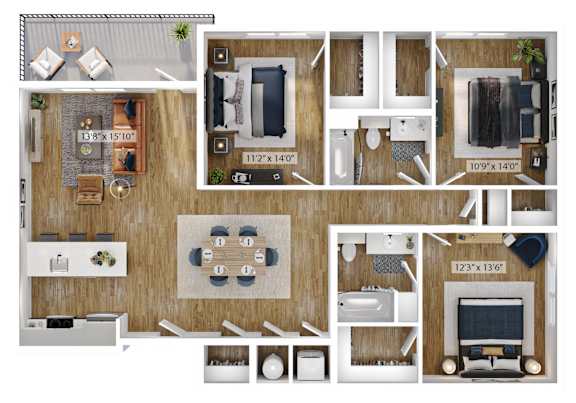 A floor plan of a house with a kitchen, living room, dining room, and bedrooms.
