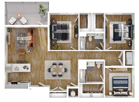 A floor plan of a house with a kitchen, living room, and two bedrooms.