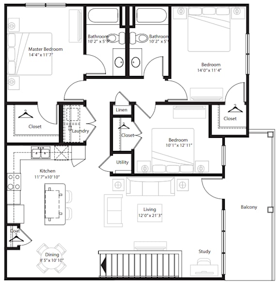 A black and white floor plan of a house with labeled rooms and dimensions.