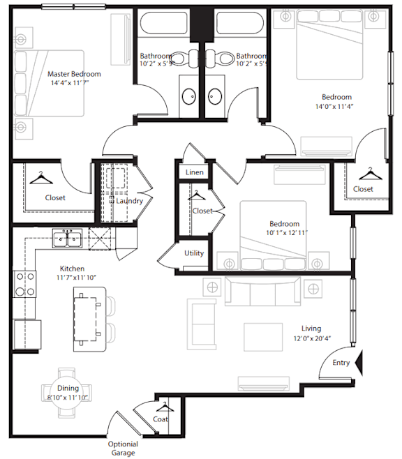Bradford floor plan with a master bedroom, two bathrooms, a laundry room, a kitchen, a living room, a dining room, and an optional garage.