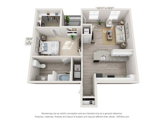 A 3D floor plan of a two-bedroom apartment with a living room, kitchen, and bathroom.