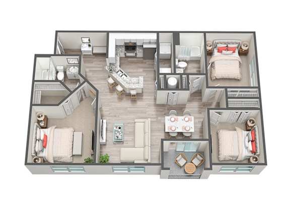 A 3D floor plan of a house with multiple rooms and furniture.