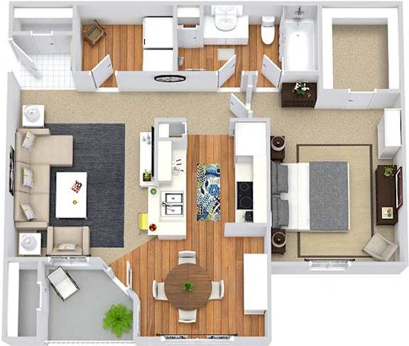 A top-down view of a modern apartment layout with a kitchen, living room, and bathroom.