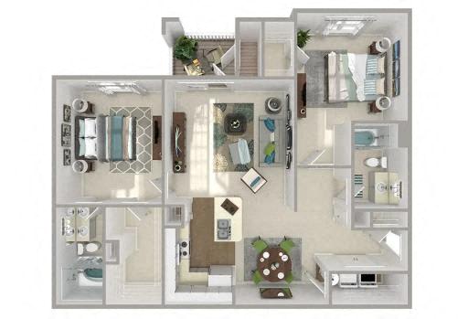 A 3D floor plan of a house with a kitchen, living room, and bathroom.