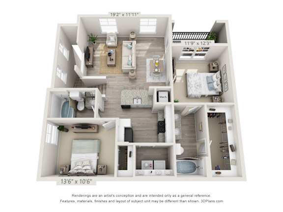 A 3D floor plan of a house with a living room, kitchen, and two bedrooms.