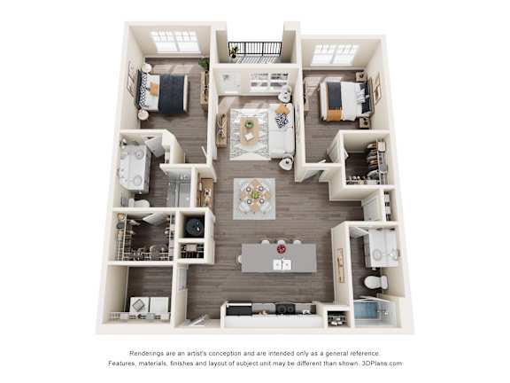 A 3D floor plan of a house with a kitchen, living room, and two bedrooms.