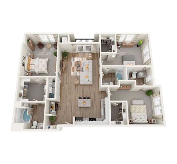 A top-down view of a small apartment with a kitchen, living room, and bedrooms.