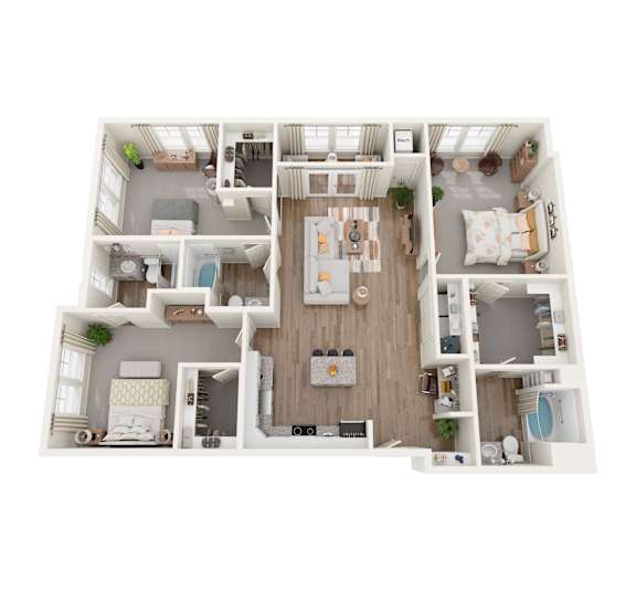 A top-down view of a small, neatly organized apartment with a kitchen, living room, and bedrooms.