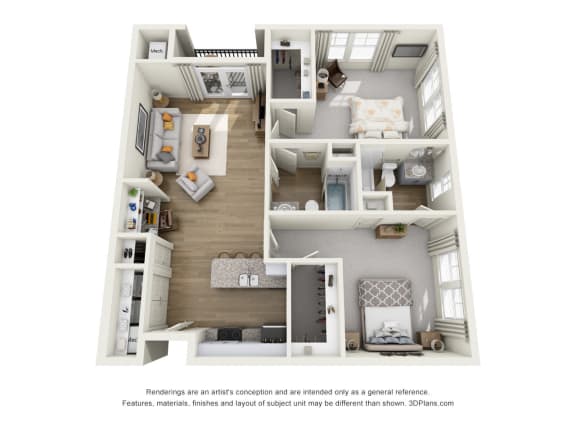 a stylized floor plan with a bedroom and a living room