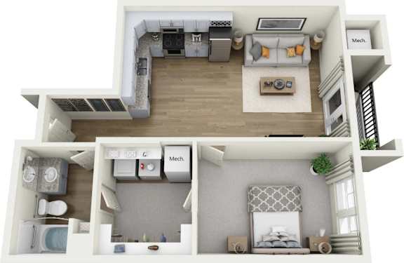 A 3D floor plan of a house with labeled rooms.