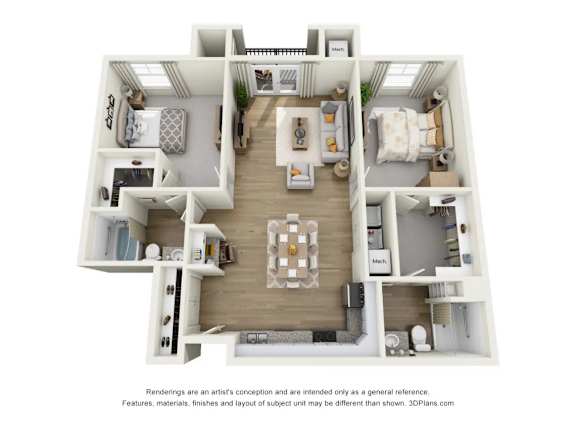 A 3D floor plan of a house with a living room, kitchen, and two bedrooms.