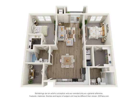 A 3D floor plan of a house with a living room, dining room, kitchen, and two bedrooms.