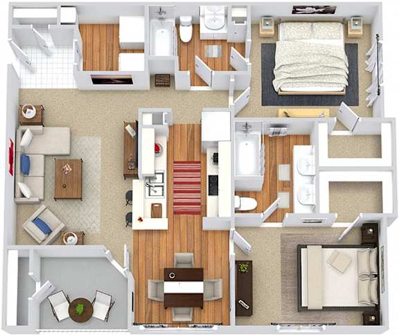 A top-down view of a small apartment with a kitchen, living room, and bedroom.