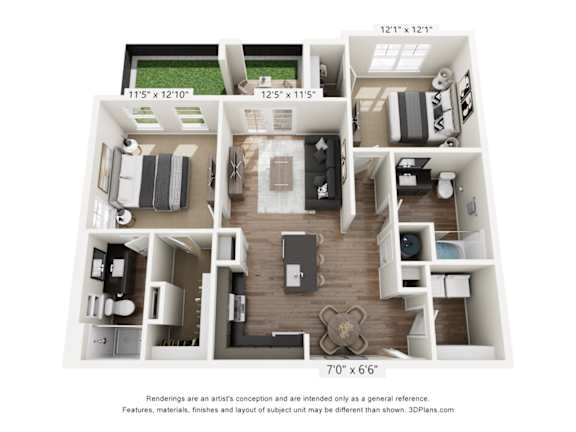 A 3D floor plan of a house with a living room, kitchen, and two bedrooms.
