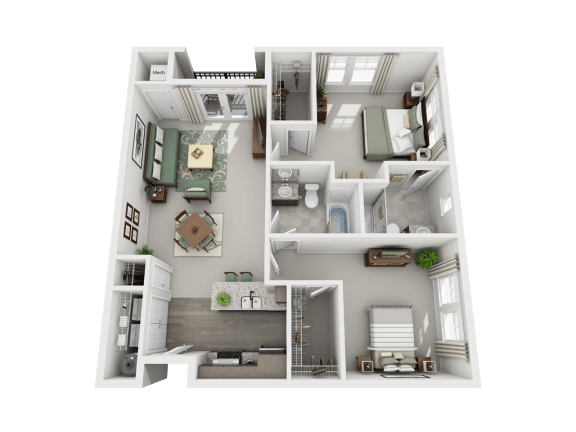 a 3d floor plan of a house with a bedroom and living room