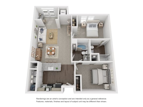 a 3d floor plan of a residence with a bedroom and living room