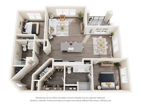 A 3D floor plan of a house with multiple rooms and furniture.