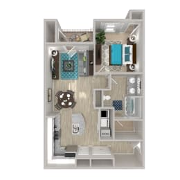 A floor plan of a small apartment with a kitchen, living room, and bathroom.