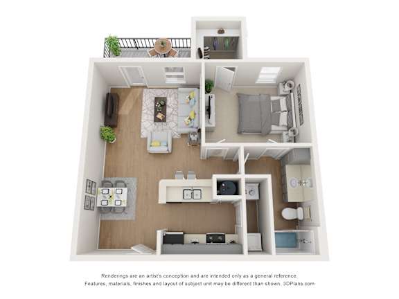 A 3D floor plan of a small apartment with a kitchen, living room, and bathroom.