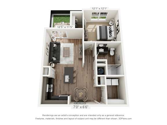 A 3D floor plan of a small apartment with a kitchen, living room, and bedroom.