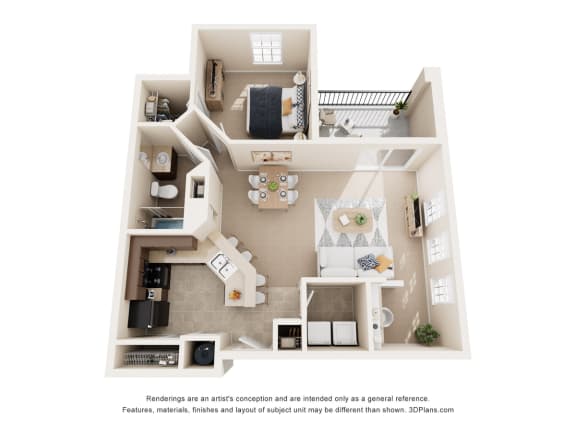 a stylized floor plan with a bedroom and living room