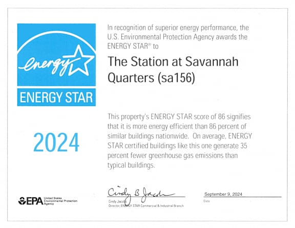 A certificate from the EPA recognizing the Station at Savannah for its superior energy performance.