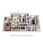 A floor plan of a two bedroom apartment with a living room and kitchen.