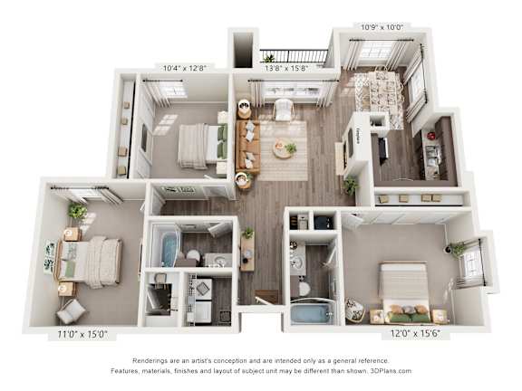 A 3D floor plan of a small apartment with a kitchen, living room, and bathroom.