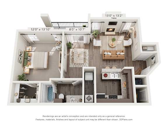 A 3D floor plan of a house with a living room, kitchen, and bathroom.