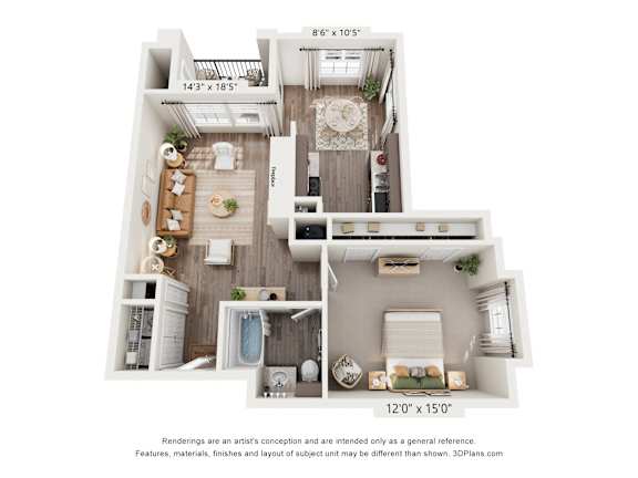 A 3D floor plan of a small apartment with a kitchen, living room, and bathroom.