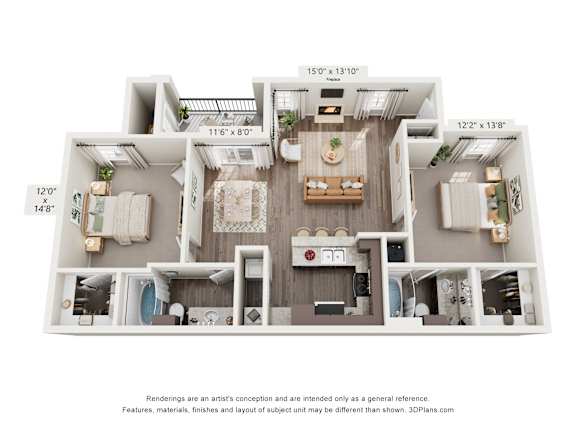 A 3D floor plan of a house with three bedrooms, a living room, and a kitchen.