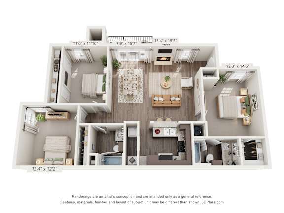 A 3D floor plan of a house with a living room, kitchen, and two bedrooms.