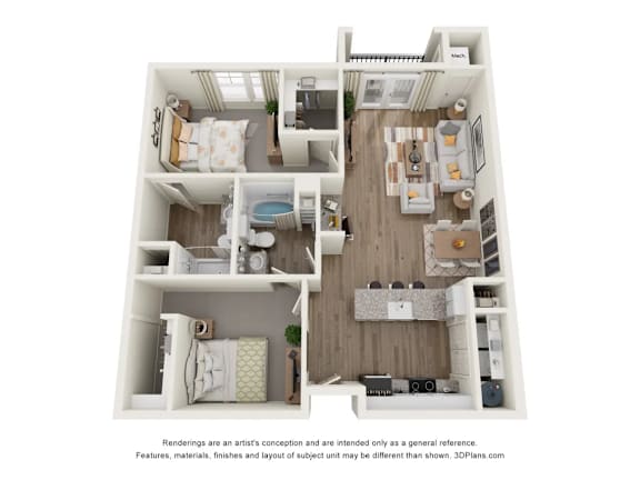 A 3D floor plan of a small apartment with a kitchen, living room, and bedrooms.