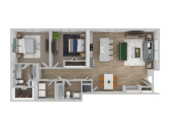 A 3D floor plan of a house layout.
