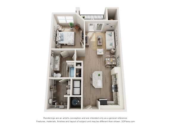 a stylized floor plan with a bedroom and a living room