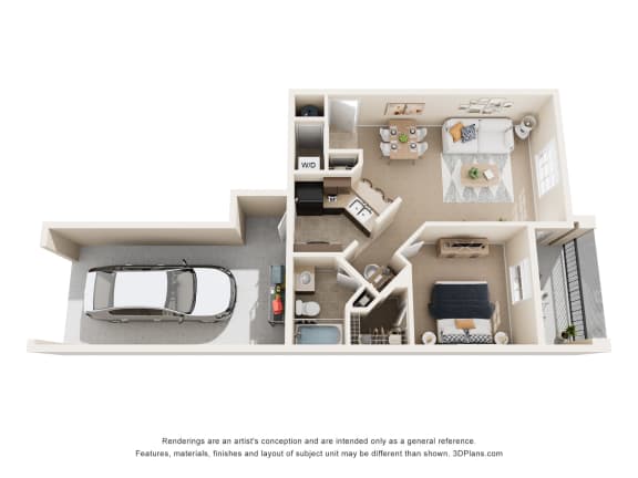 a stylized floor plan with a car and a bedroom