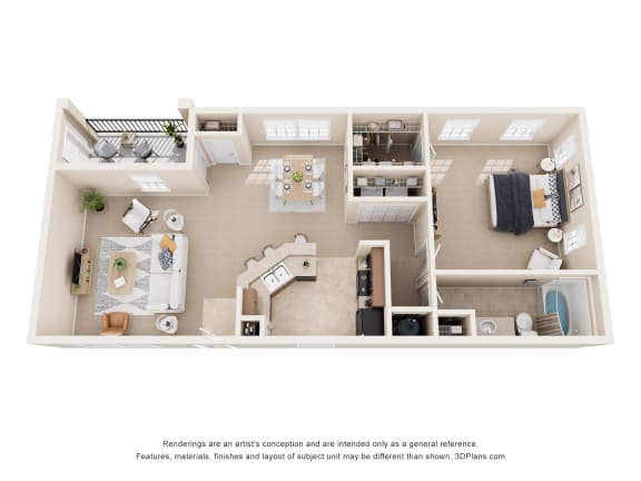 a stylized floor plan with a bedroom and a living room
