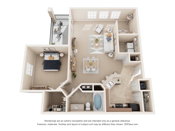 a stylized floor plan with a bedroom and a living room