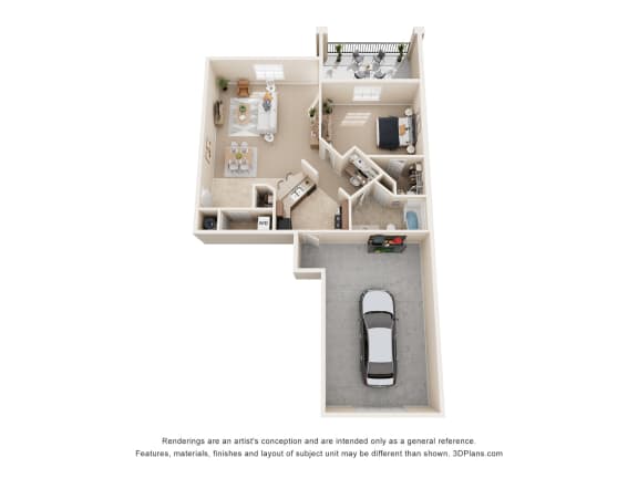 a stylized floor plan with a car in the garage