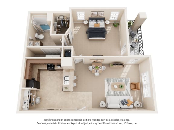 a 3d floor plan of a house with a bedroom and a living room