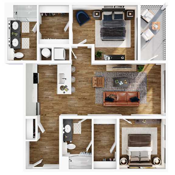 A top-down view of a modern living room with a couch, coffee table, and kitchen area.