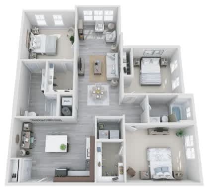 A 3D floor plan of a house with two bedrooms, a living room, a kitchen, and a bathroom.