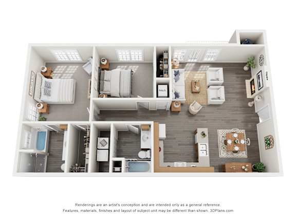 A 3D floor plan of a house with a kitchen, living room, and bathrooms.