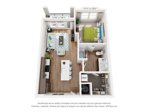 A 3D floor plan of a small apartment with a kitchen, living room, and bathroom.
