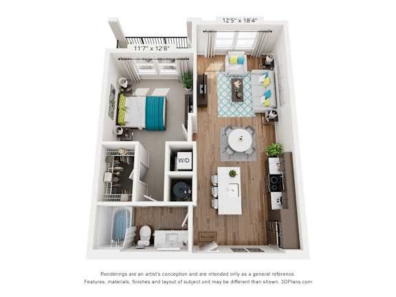 A floor plan of a small apartment with a kitchen, living room, and bathroom.